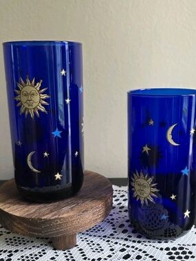 Vintage Libbey-Cobalt Blue Sun & Moon Glass Tumbler - Celestial Decor